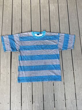 Vintage Shah Safari Mens Large Teal Gray Striped Pocket T Shirt 90s Boxy Cotton